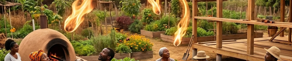People gardening, cooking, and building in a community garden with flames in the sky